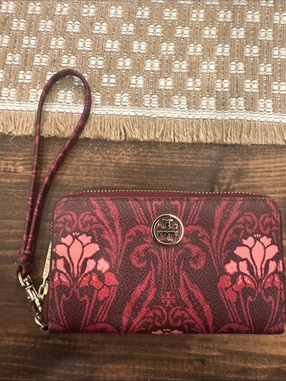 Tory Burch RobinsonBurgundy and Pink Floral-Print Wristlet